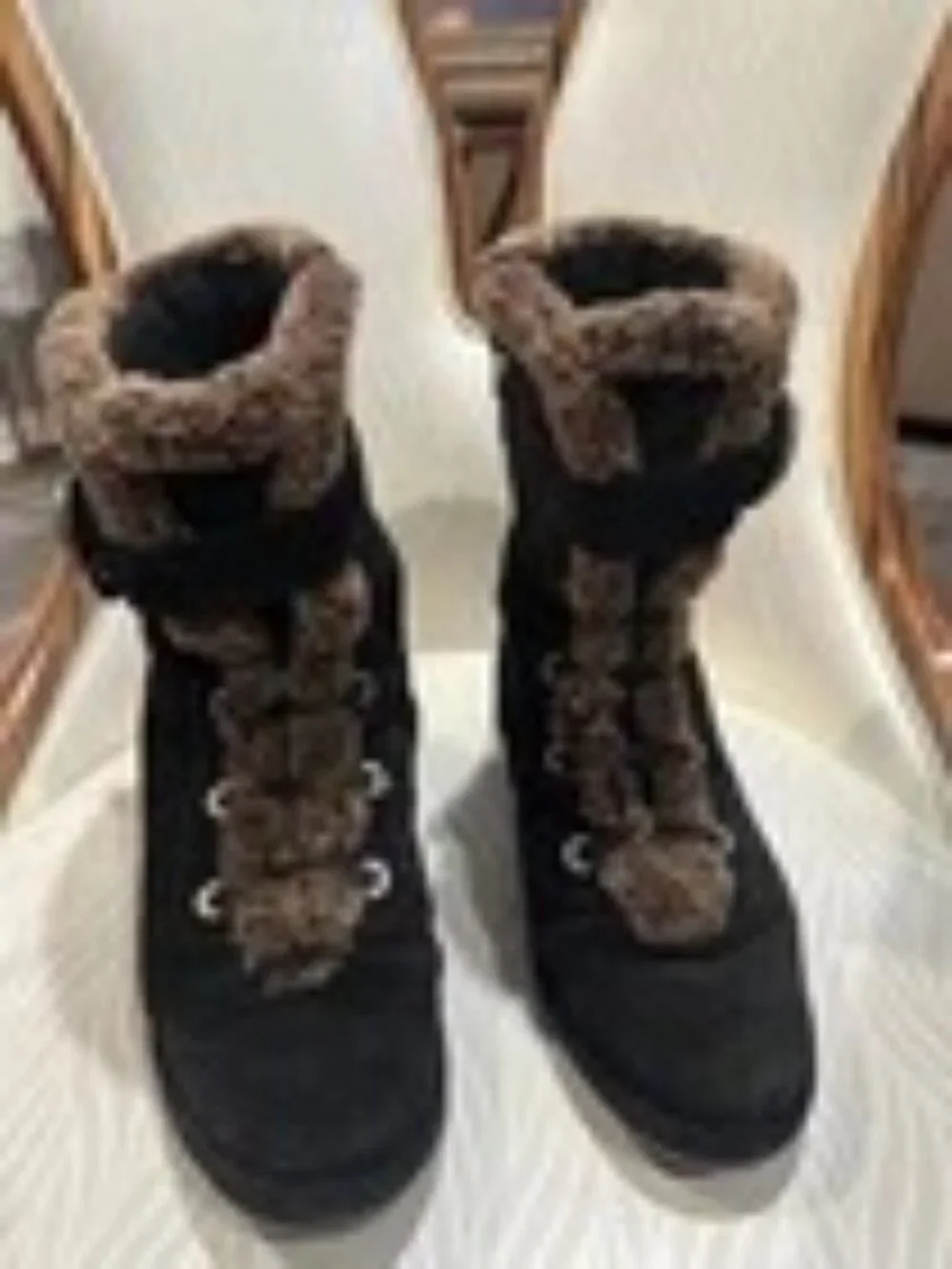 Stuart Weitzman Women Suede Leather Boots Fur Buckle Black Size 6.5